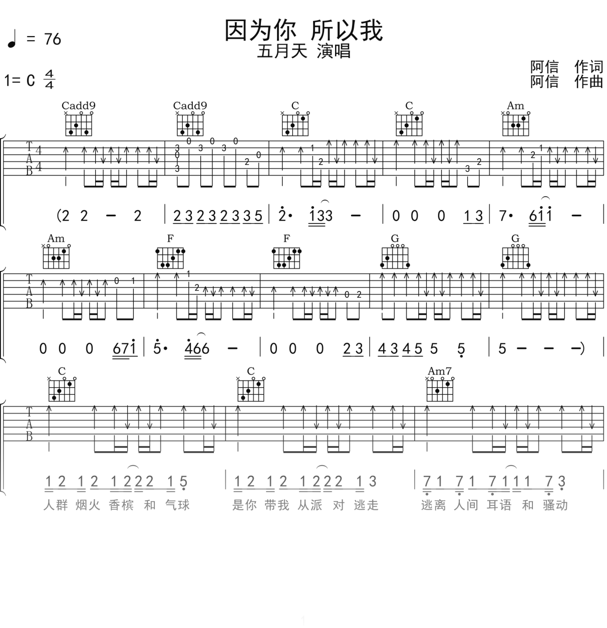 五月天《因为你所以我》吉他谱C调吉他弹唱谱