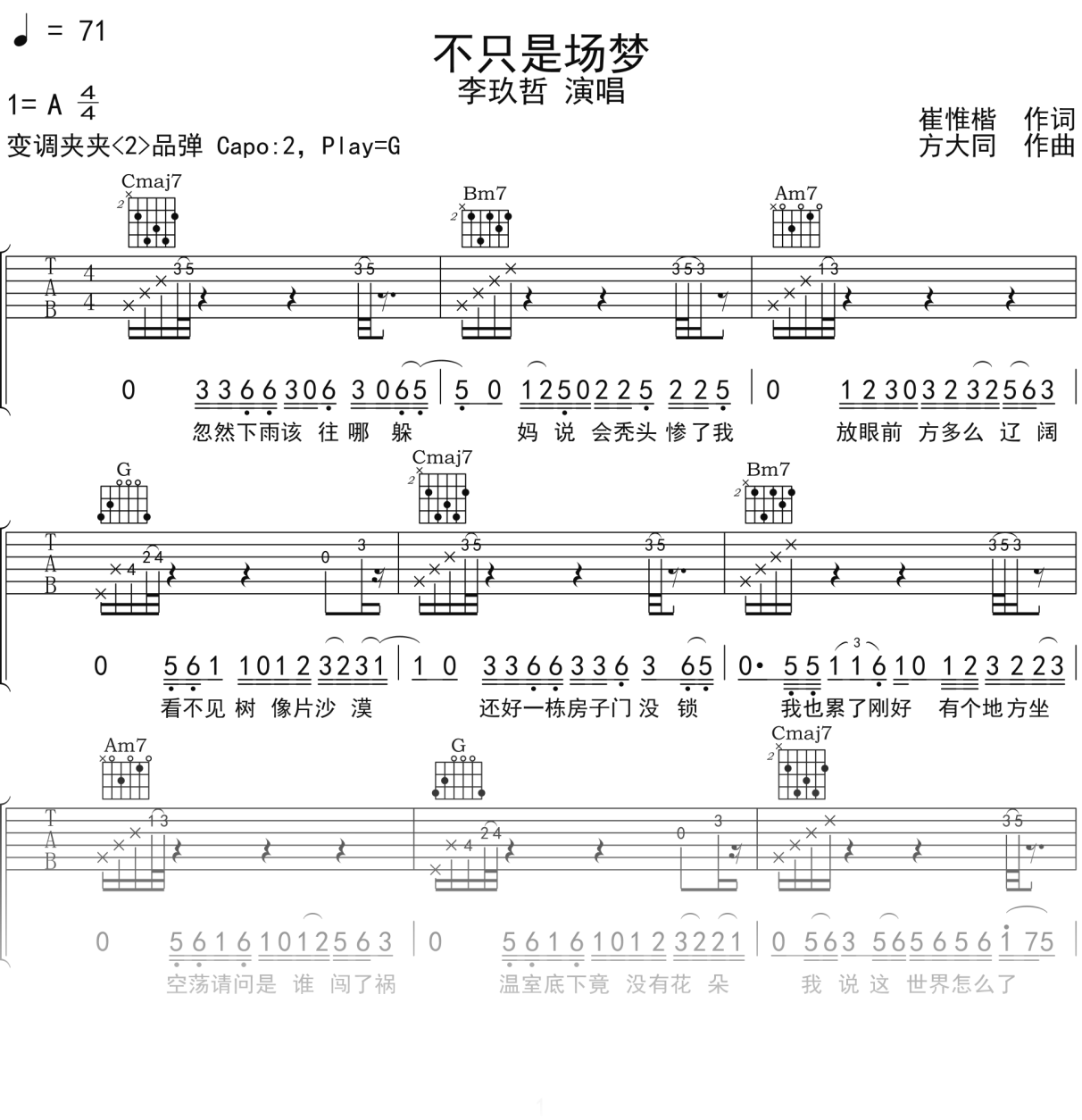 李玖哲《不只是场梦》吉他谱G调吉他弹唱谱