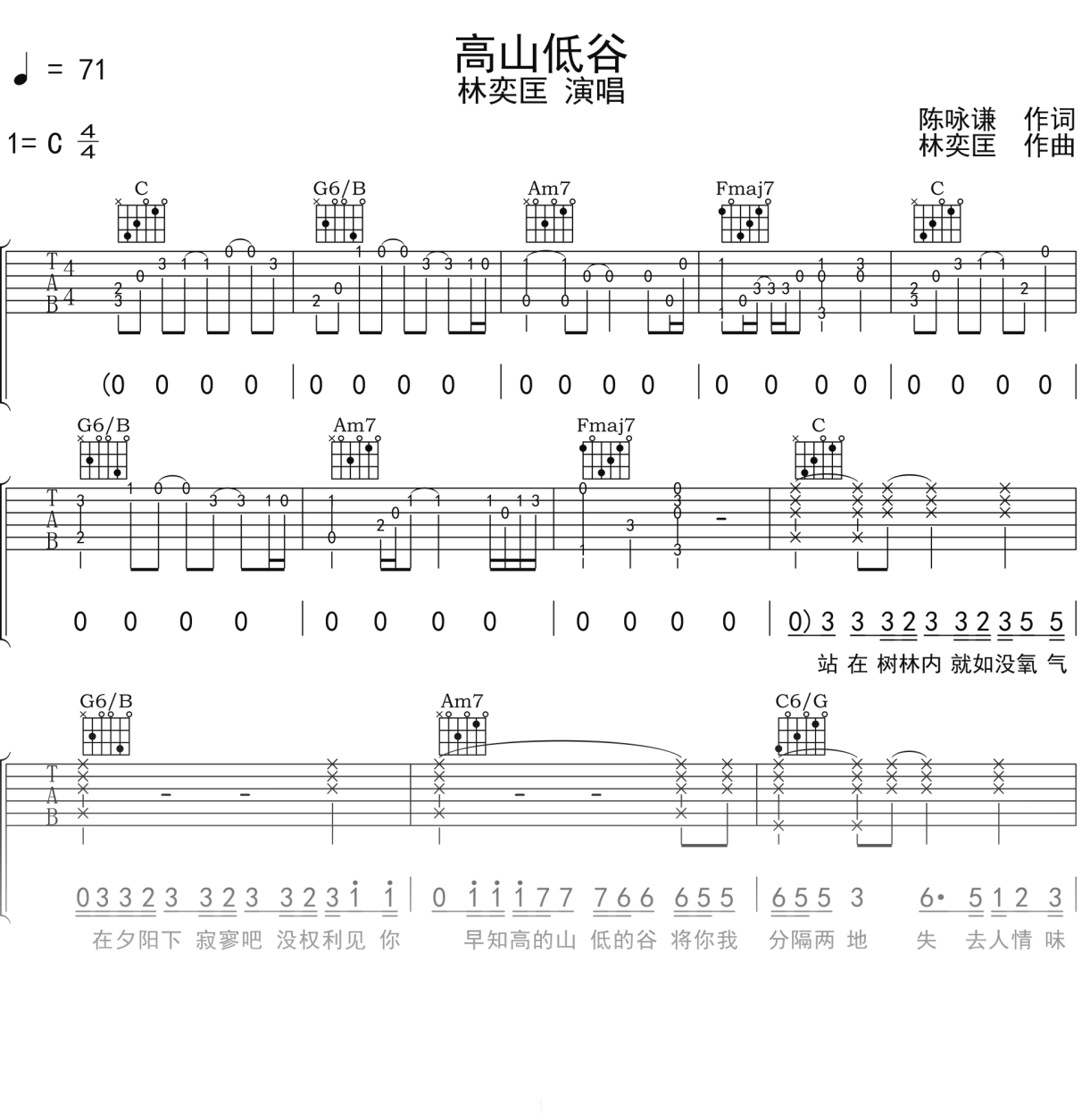 林奕匡《高山低谷》吉他谱C调吉他弹唱谱