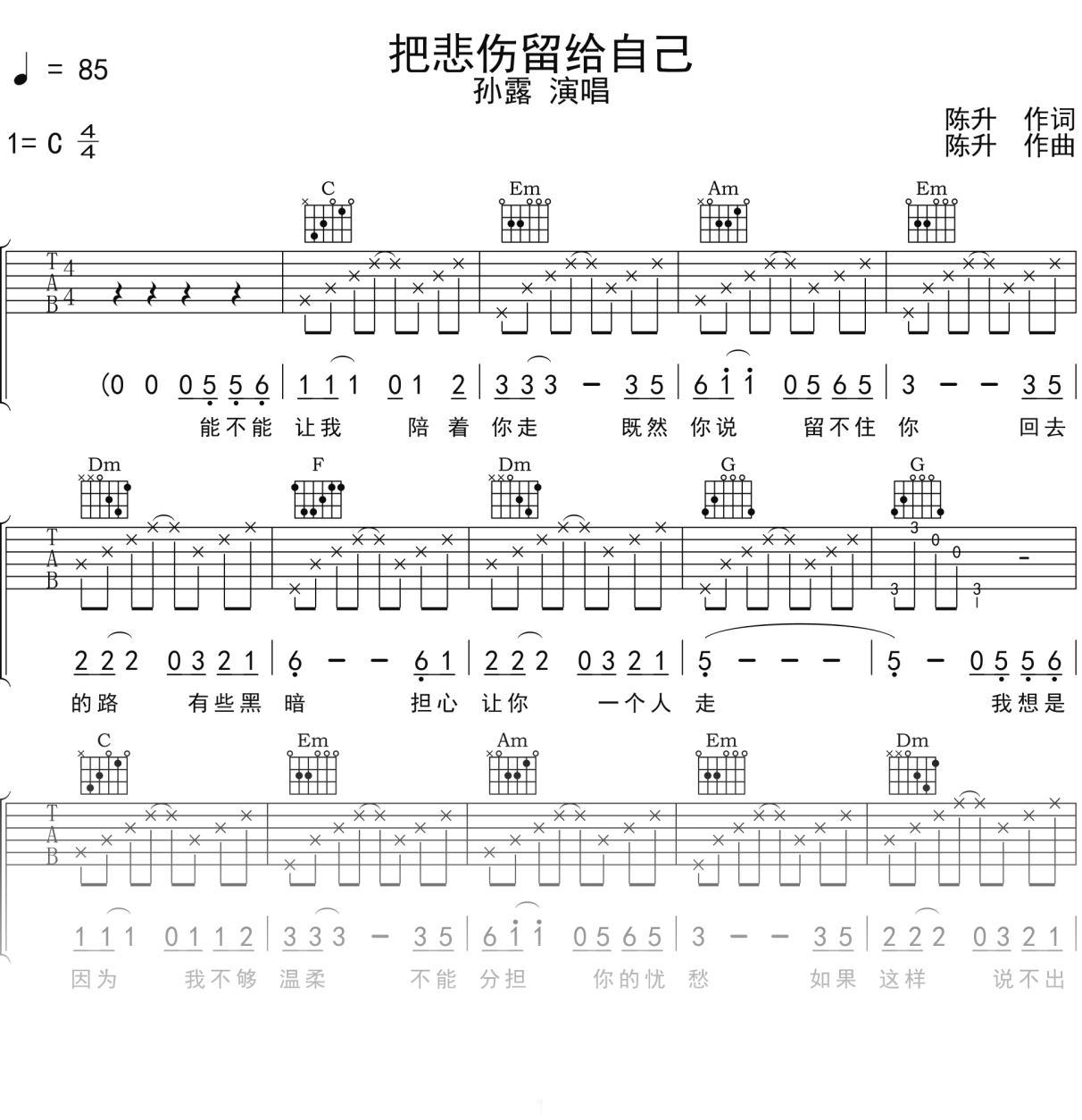 孙露《把悲伤留给自己》吉他谱C调吉他弹唱谱