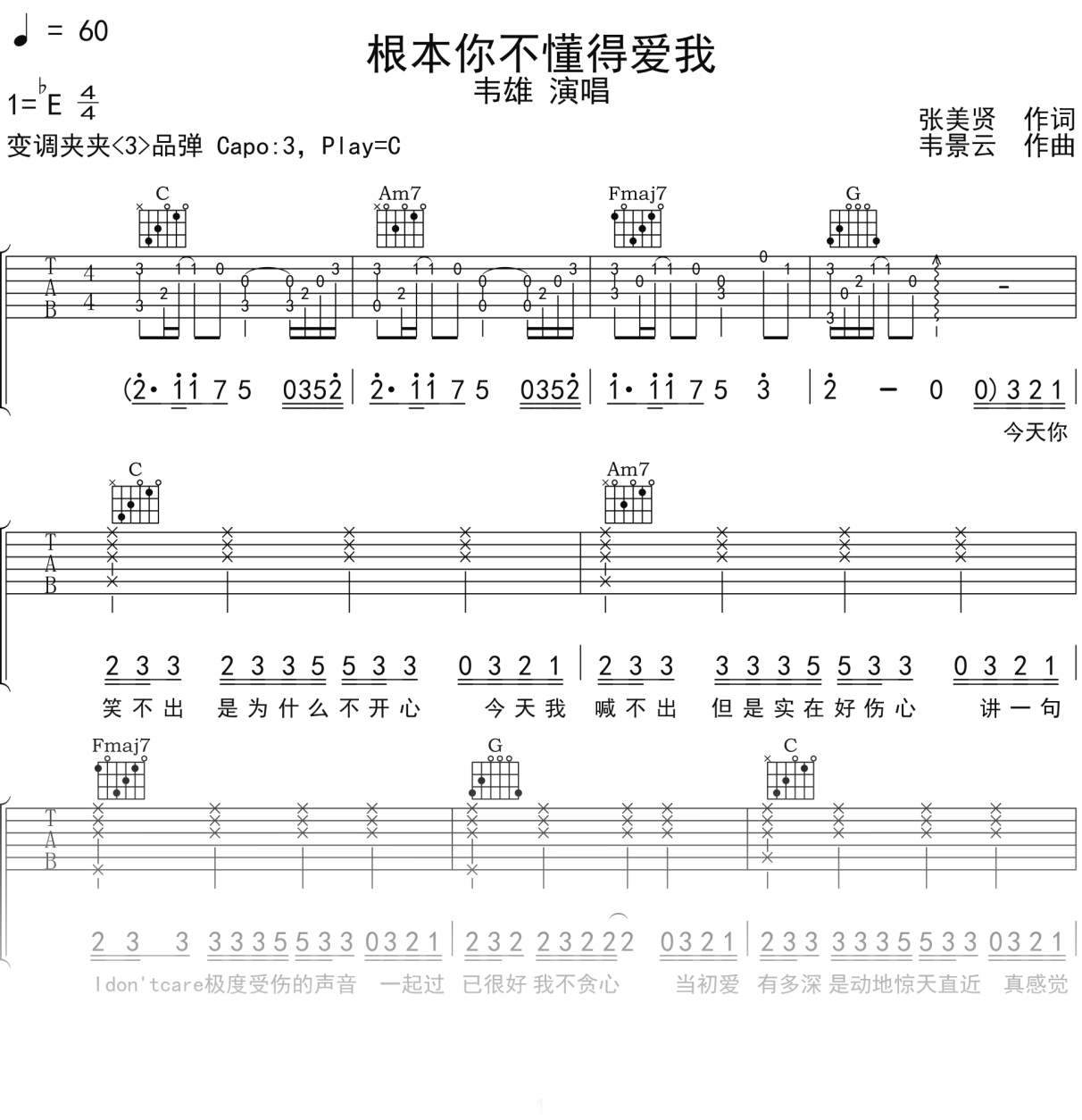韦雄《根本你不懂得爱我》吉他谱C调吉他弹唱谱