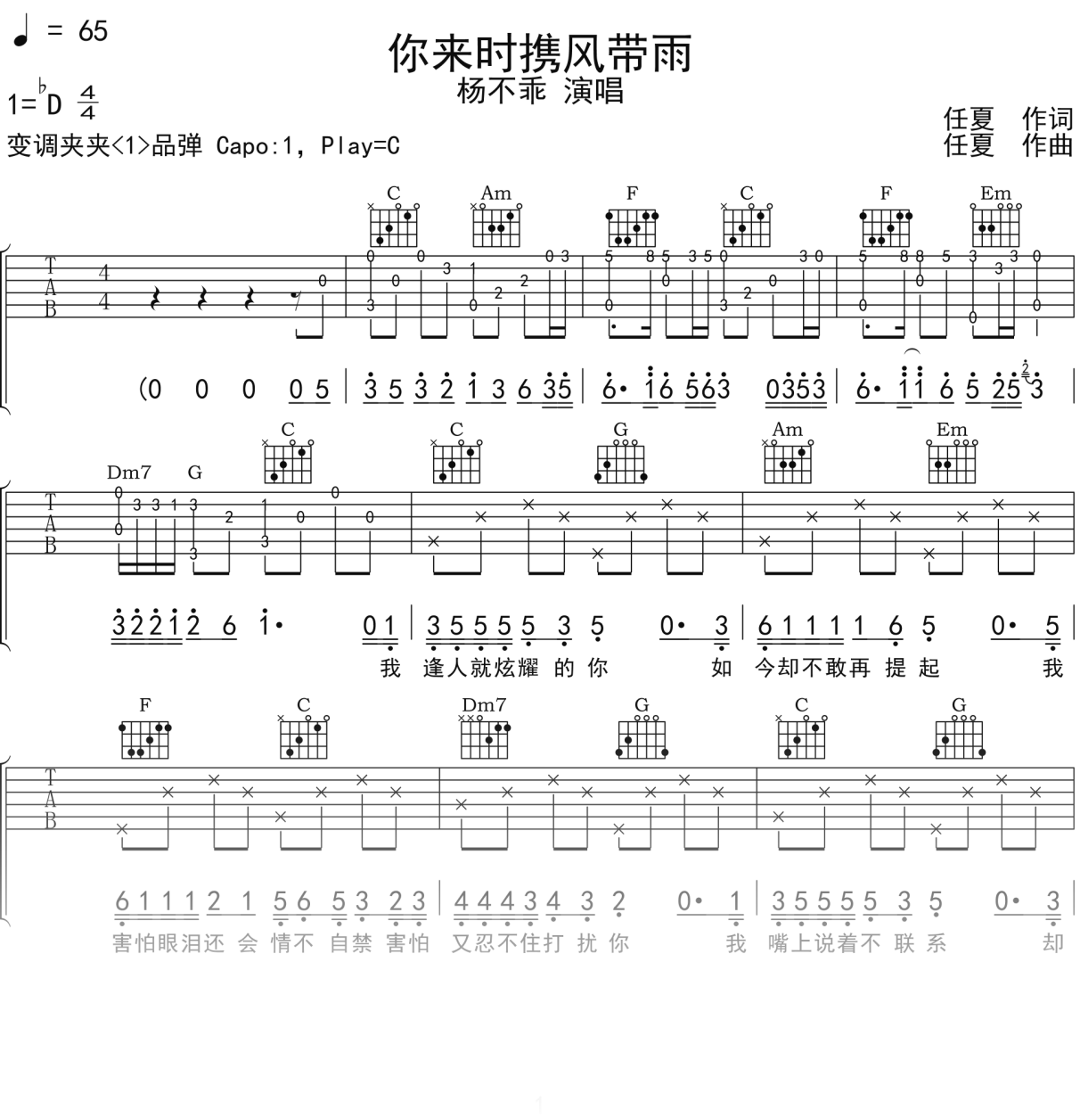 杨不乖《你来时携风带雨》吉他谱C调吉他弹唱谱