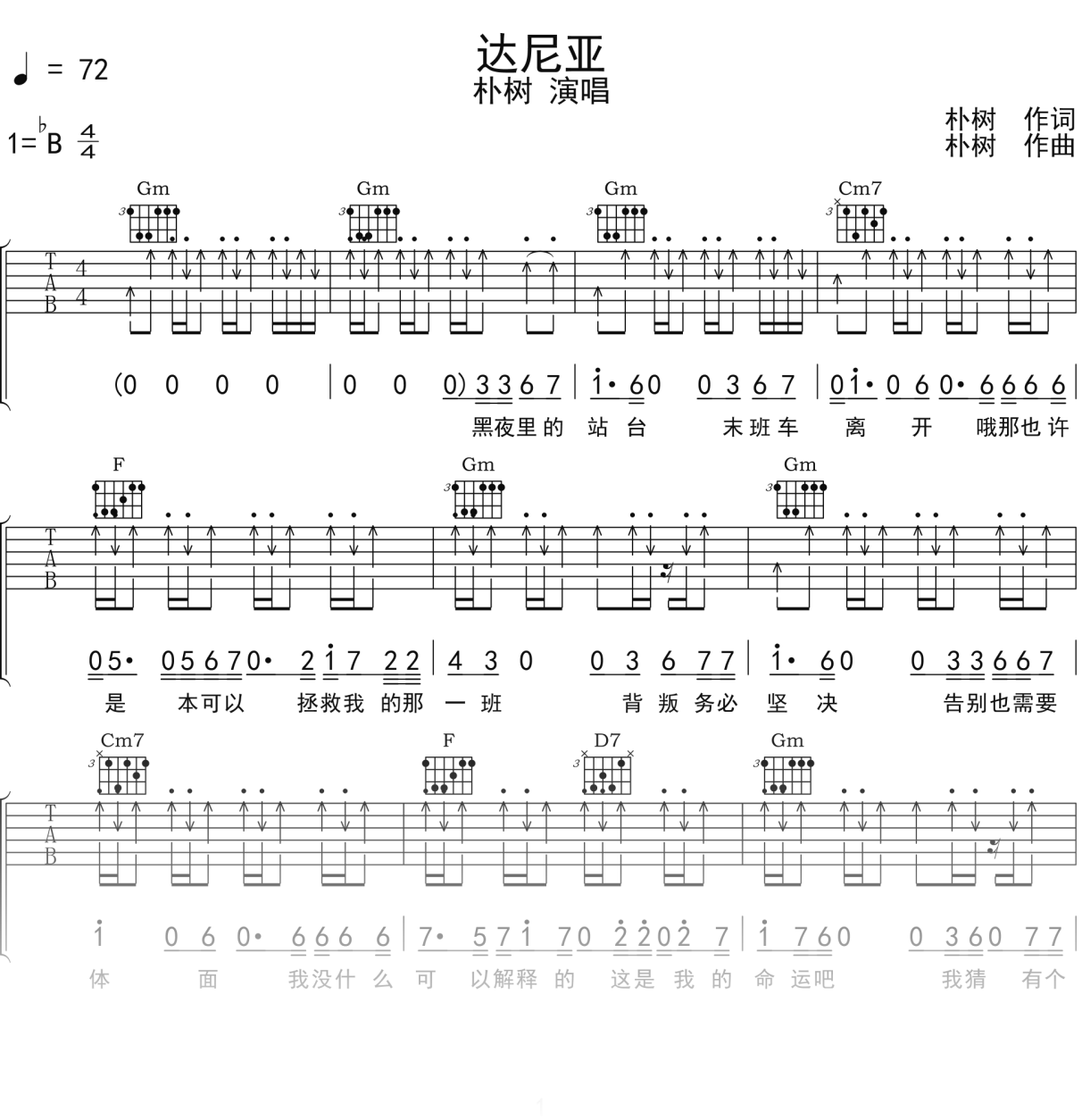 朴树《达尼亚》吉他谱Bb调吉他弹唱谱