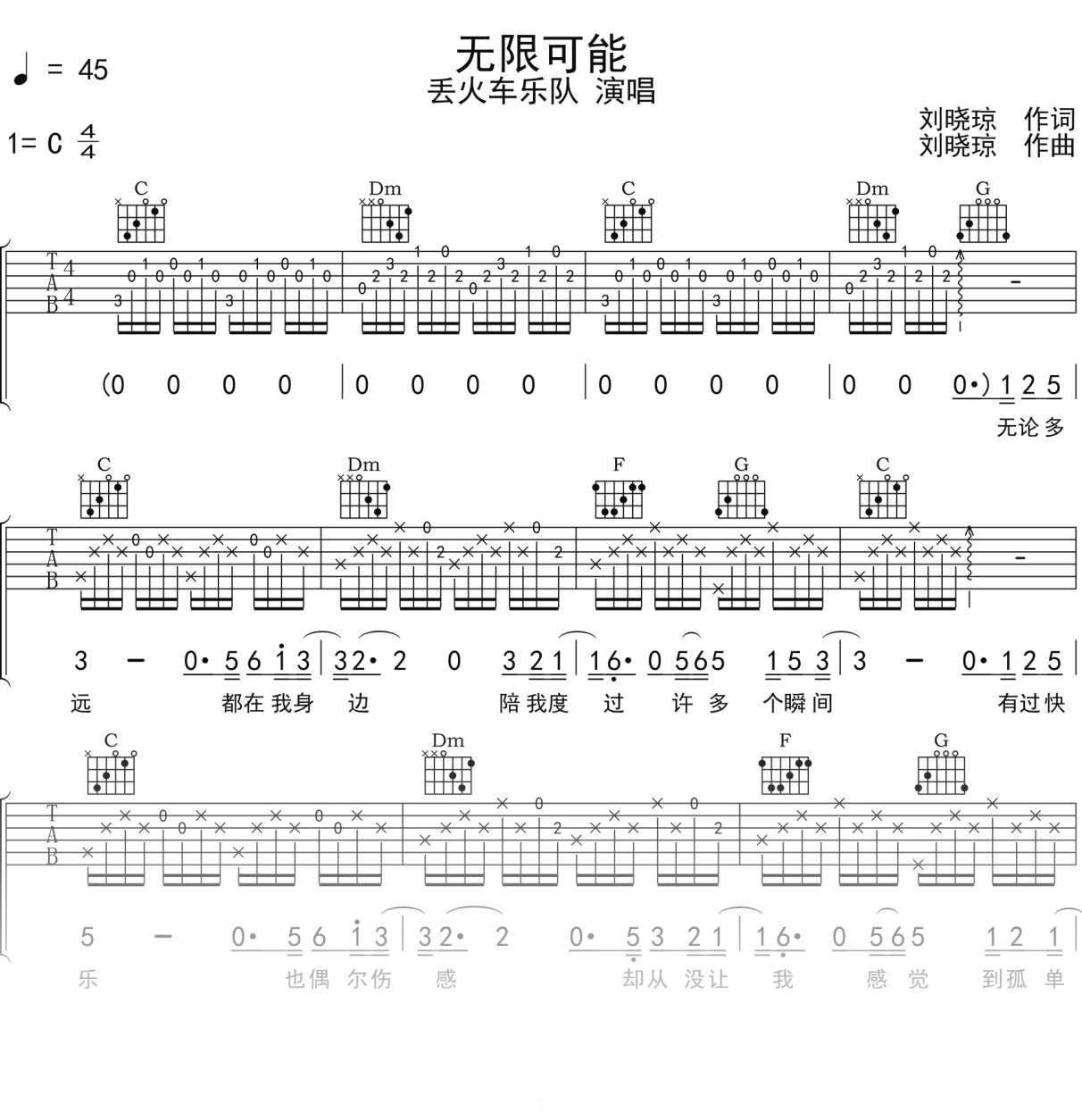 丢火车乐队《无限可能》吉他谱C调吉他弹唱谱