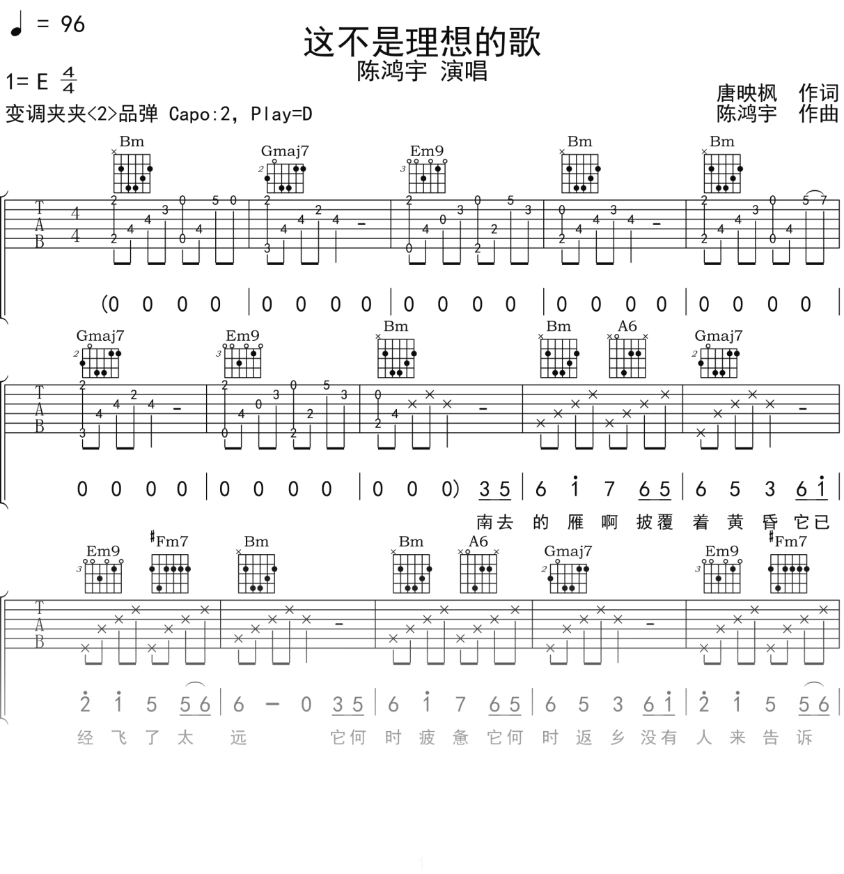 陈鸿宇《这不是理想的歌》吉他谱D调吉他弹唱谱