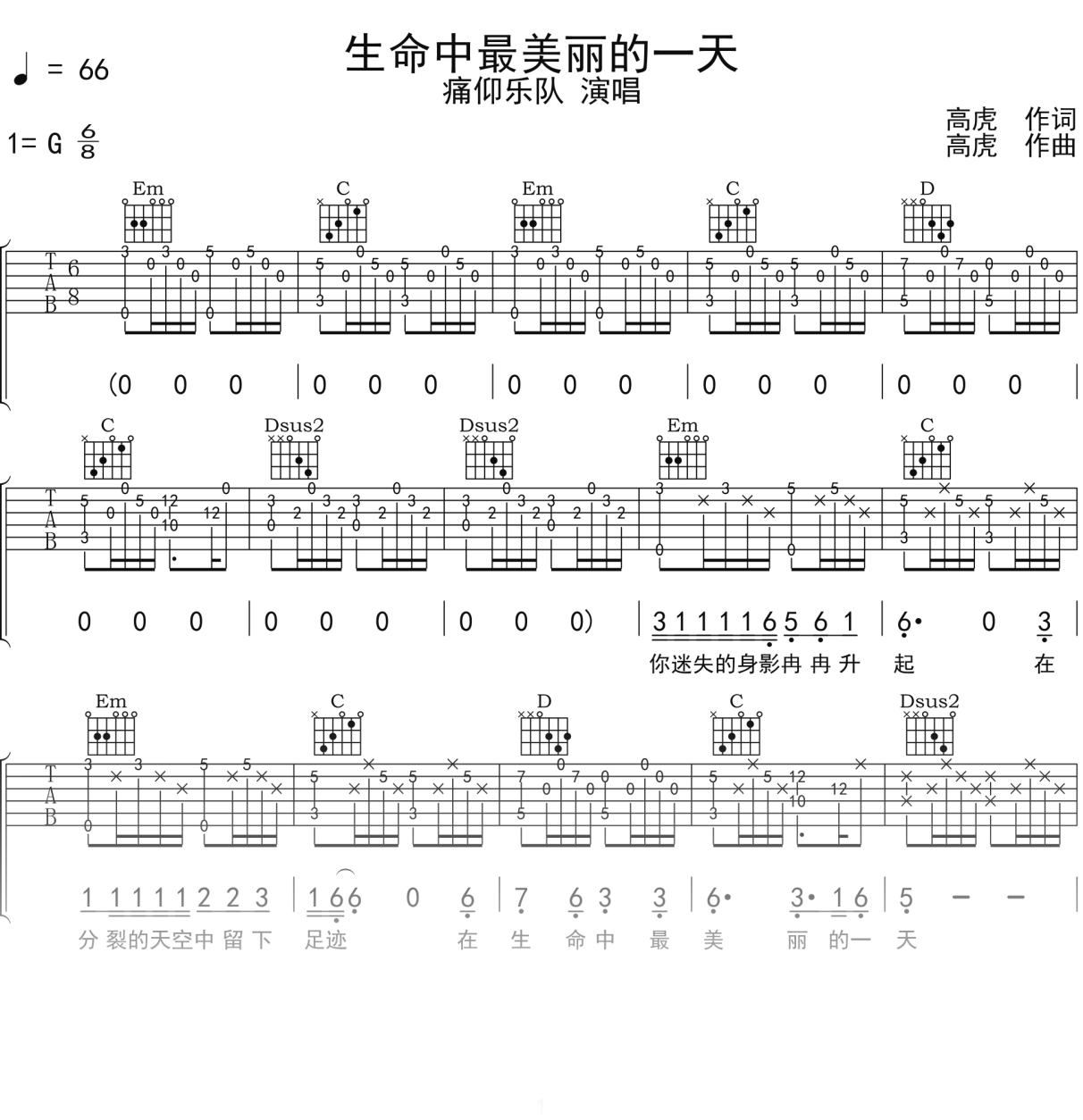 痛仰乐队《生命中最美丽的一天》吉他谱G调吉他弹唱谱