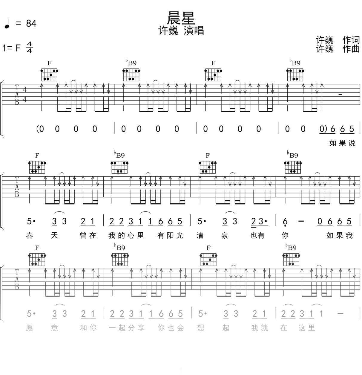 许巍《晨星》吉他谱F调吉他弹唱谱