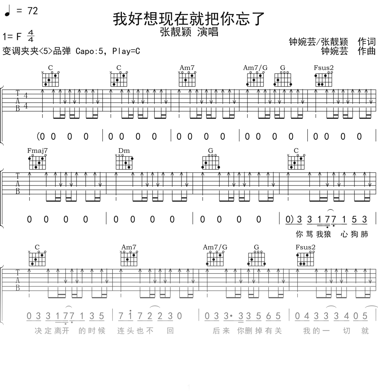 张靓颖《我好想现在就把你忘了》吉他谱C调吉他弹唱谱