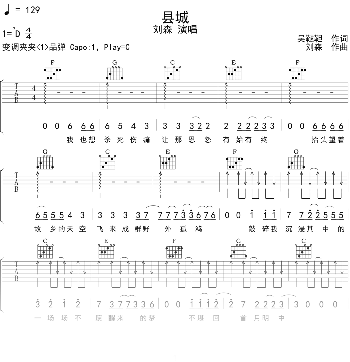 刘森《县城》吉他谱C调吉他弹唱谱