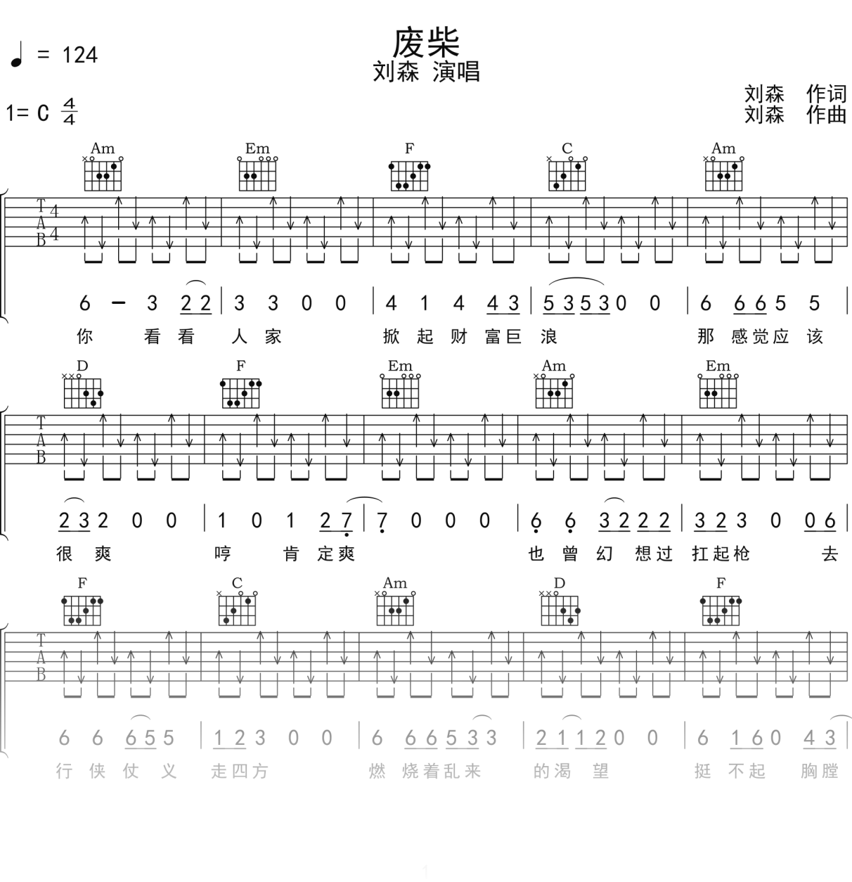 刘森《废柴》吉他谱C调吉他弹唱谱