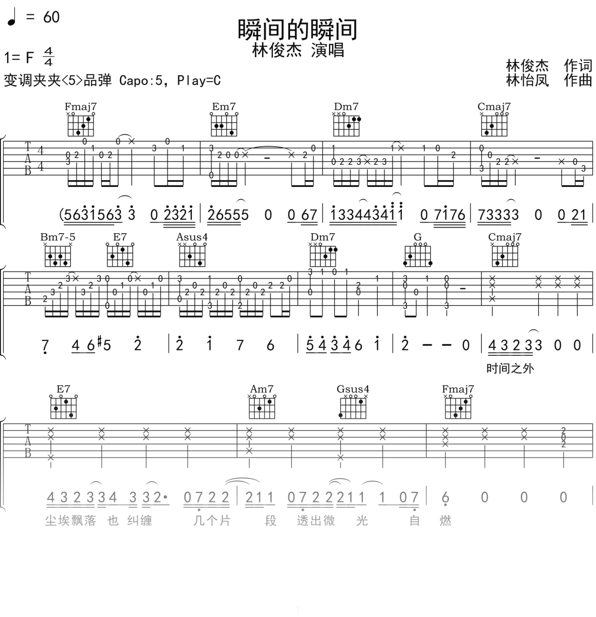 林俊杰《瞬间的瞬间》吉他谱C调吉他弹唱谱
