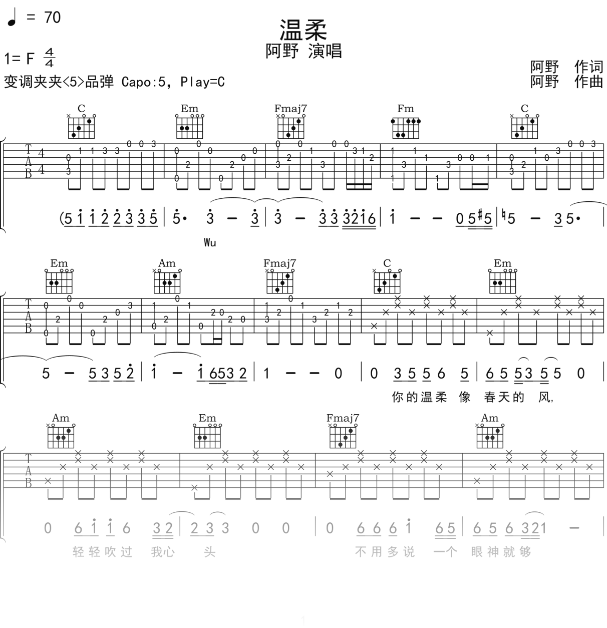 阿野《温柔》吉他谱C调吉他弹唱谱