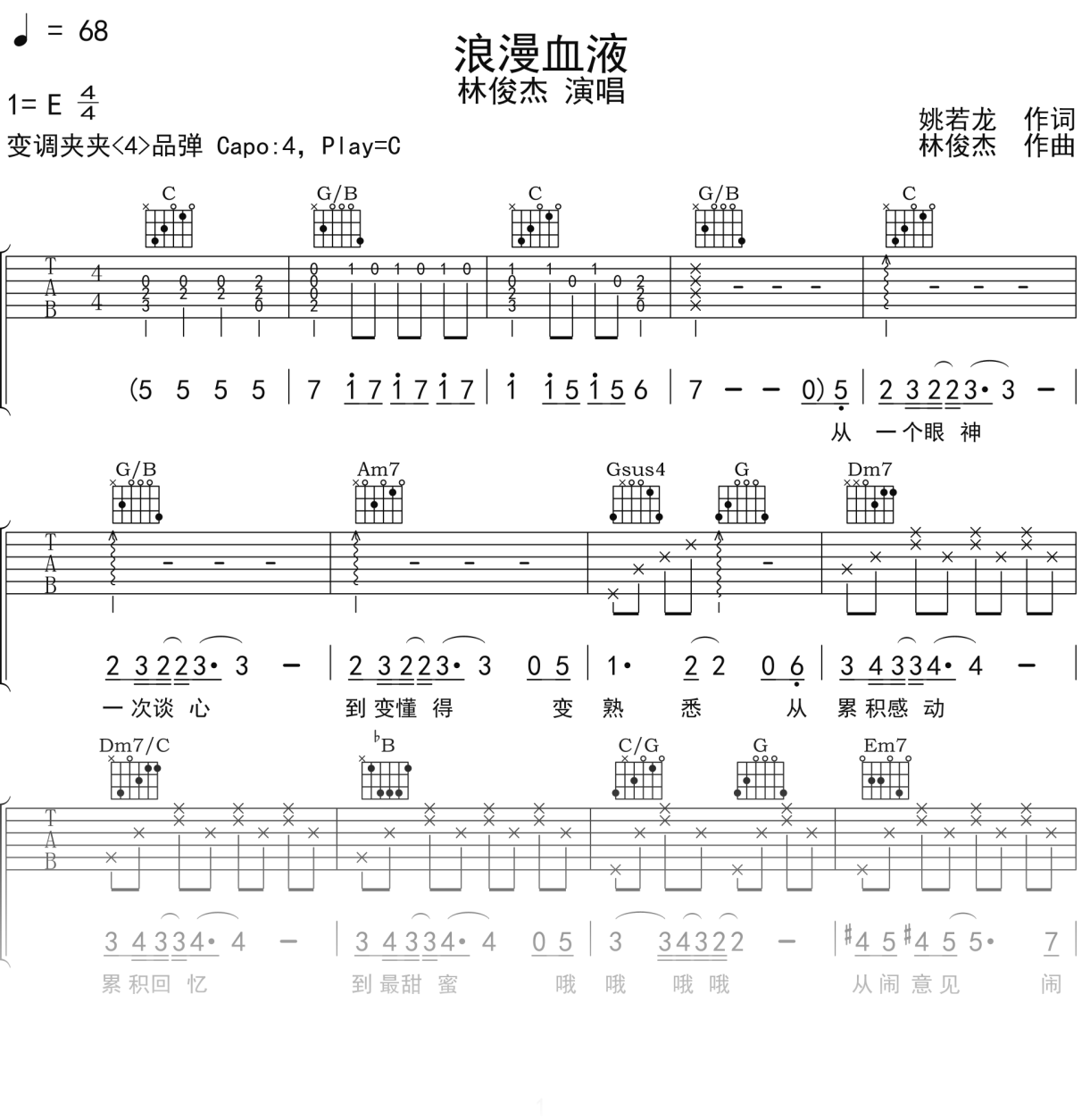 林俊杰《浪漫血液》吉他谱C调吉他弹唱谱