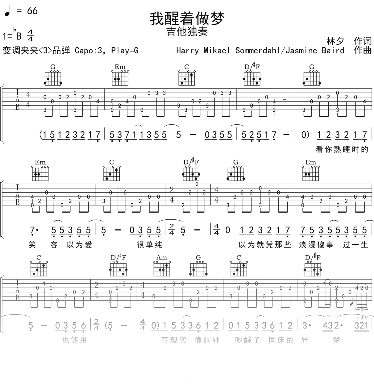 张学友《我醒着做梦》吉他谱G调吉他指弹独奏谱