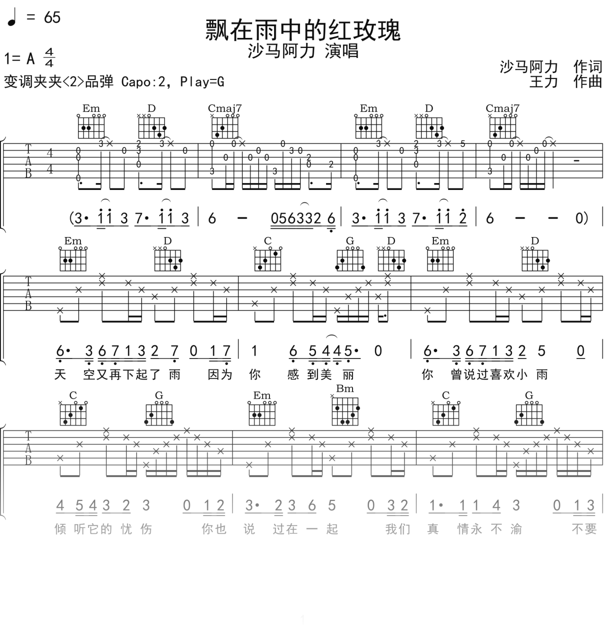 沙马阿力《飘在雨中的红玫瑰》吉他谱G调吉他弹唱谱