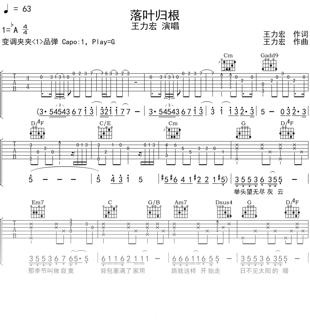 王力宏《落叶归根》吉他谱G调吉他弹唱谱