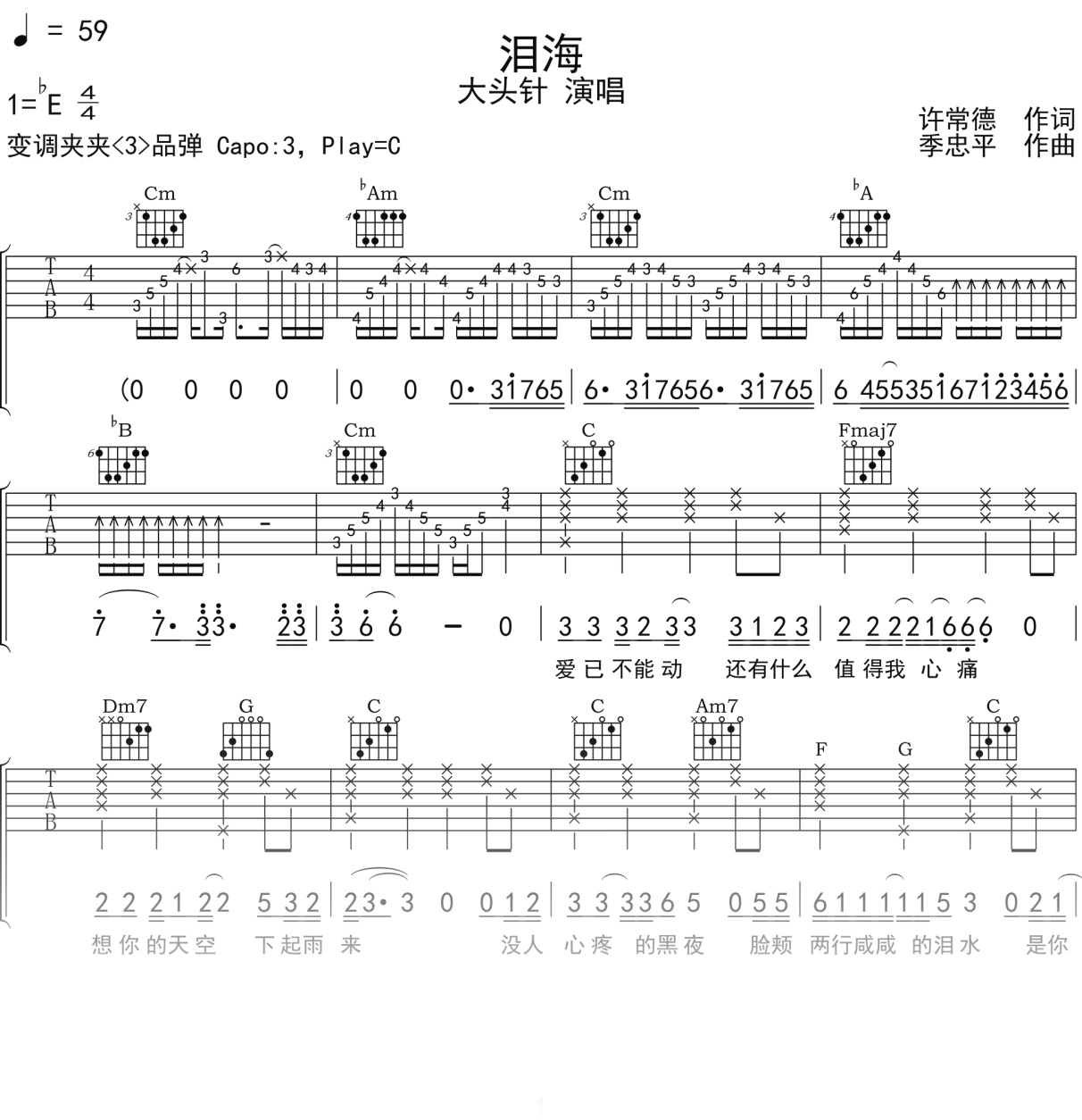 大头针《泪海》吉他谱C调吉他弹唱谱