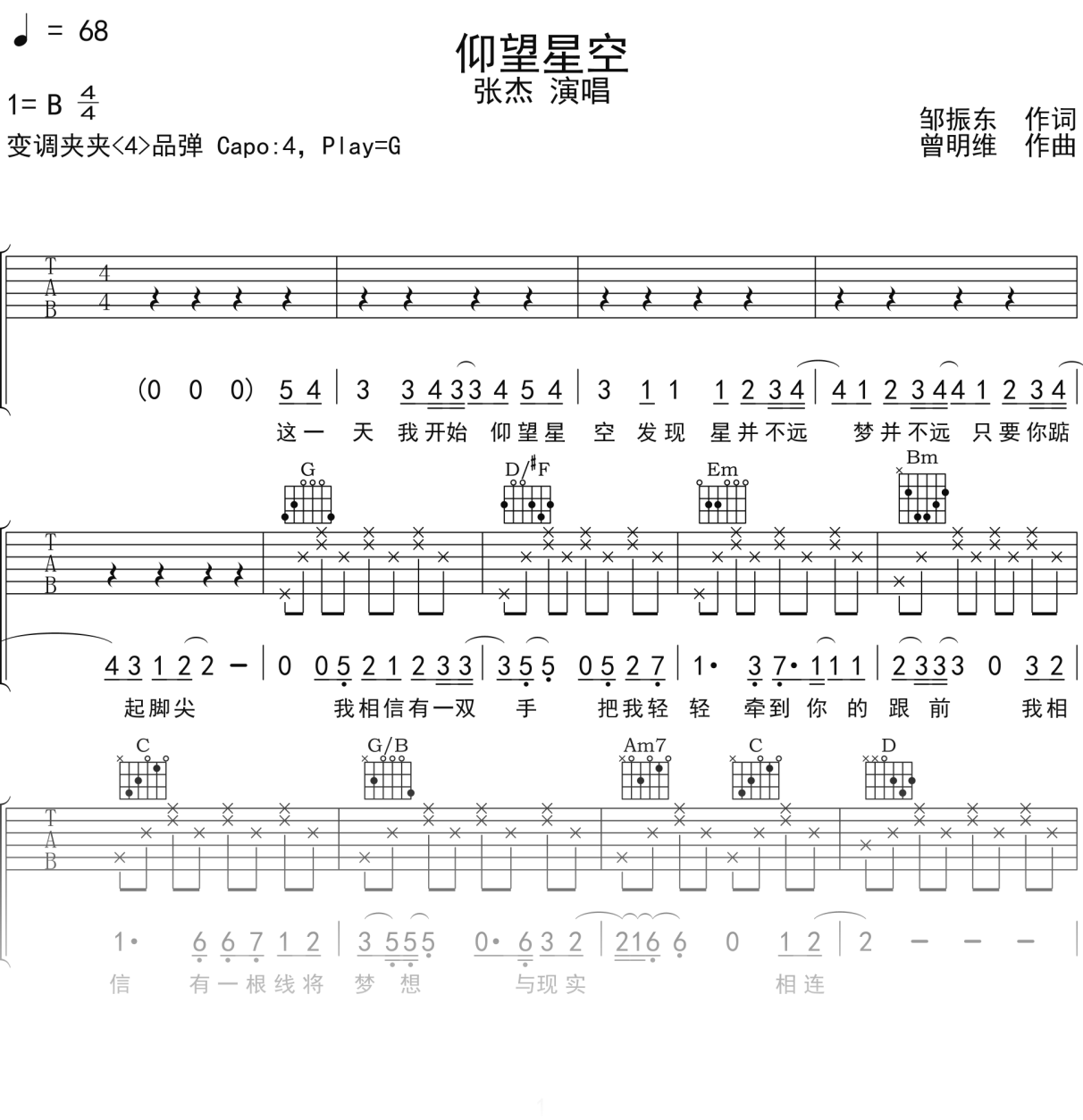 张杰《仰望星空》吉他谱G调吉他弹唱谱