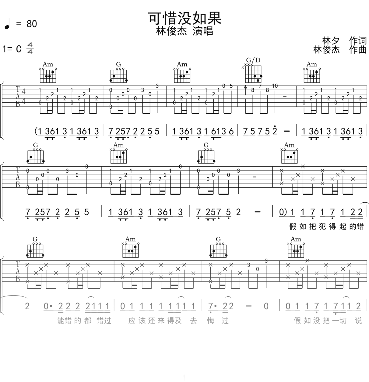 林俊杰《可惜没如果》吉他谱C调吉他弹唱谱