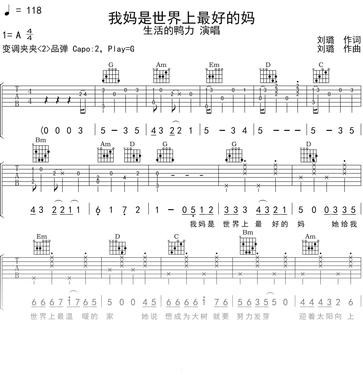 生活的鸭力《我妈是世界上最好的妈》吉他谱G调吉他弹唱谱