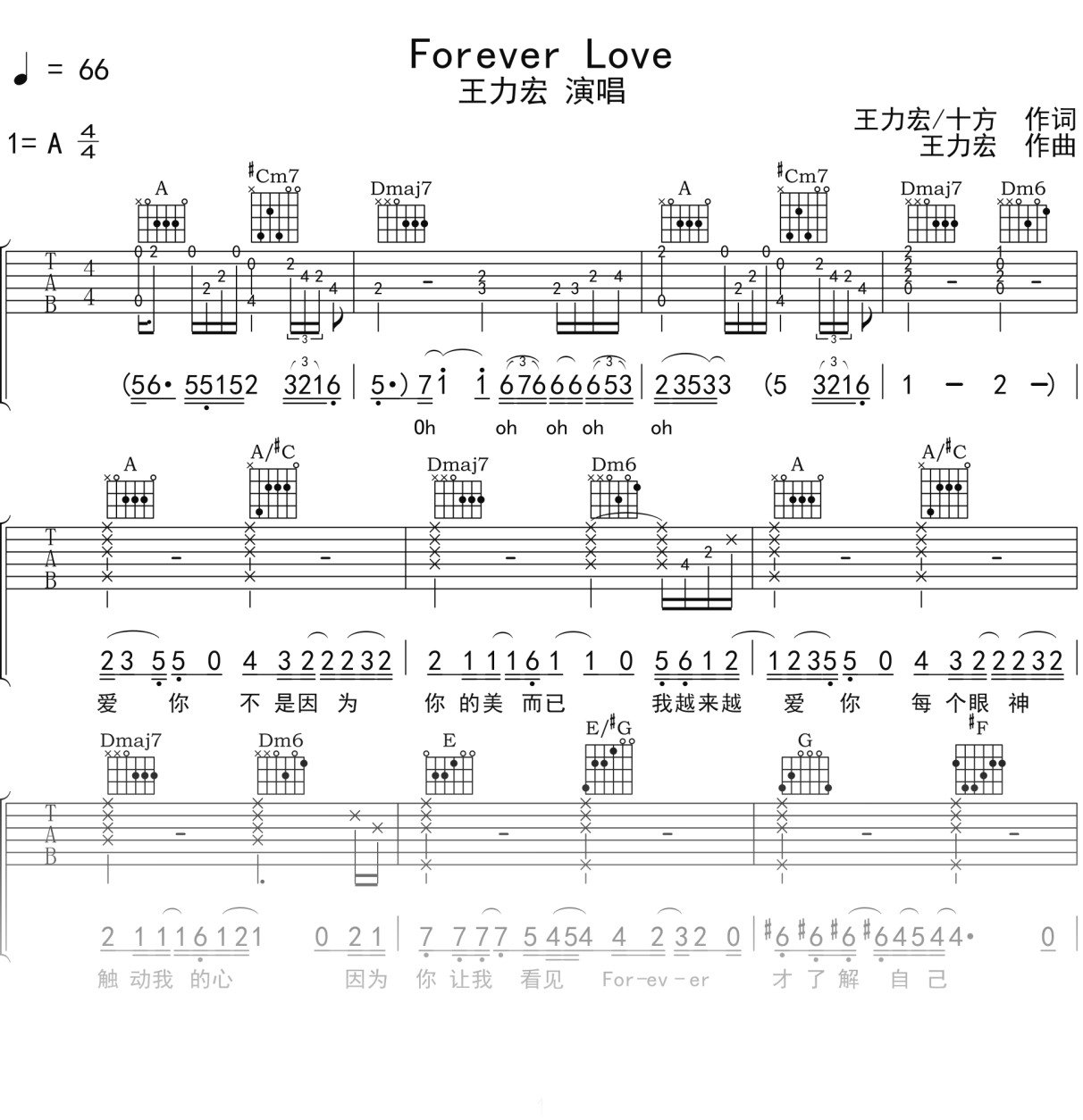 王力宏《ForeverLove》吉他谱A调吉他弹唱谱