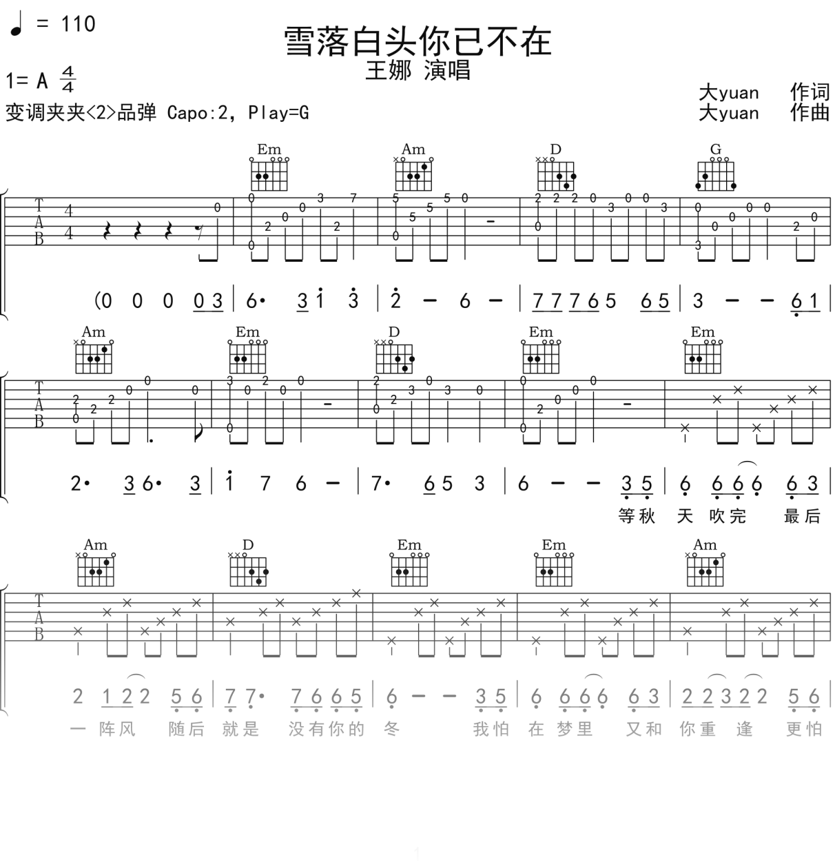 王娜《雪落白头你已不在》吉他谱G调吉他弹唱谱