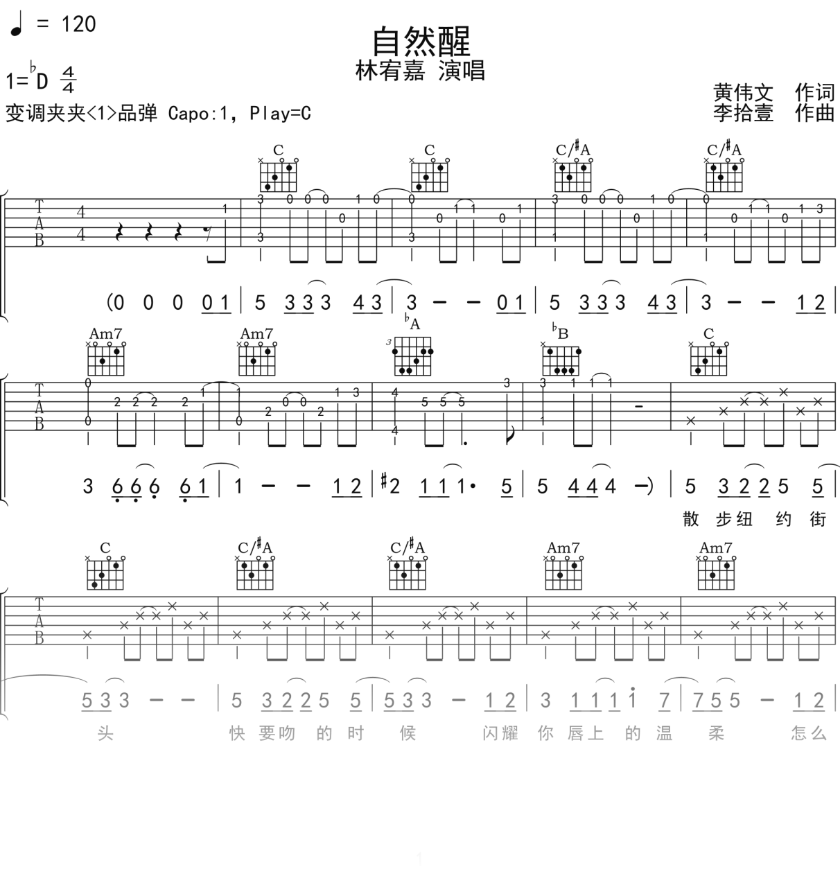 林宥嘉《自然醒》吉他谱C调吉他弹唱谱