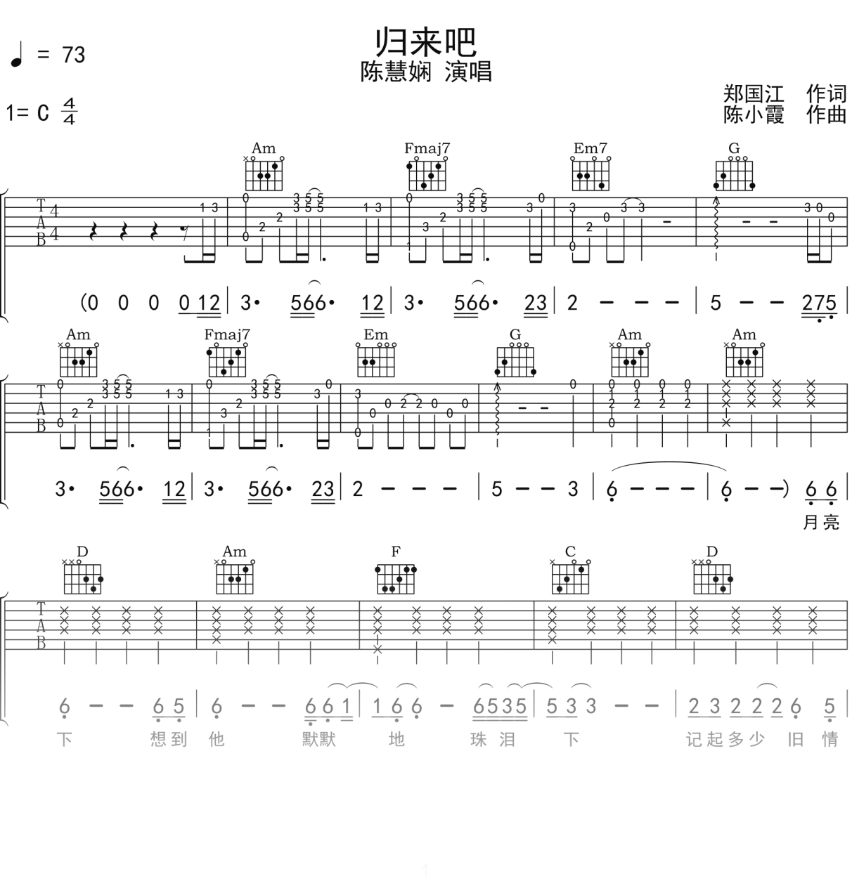 陈慧娴《归来吧》吉他谱C调吉他弹唱谱