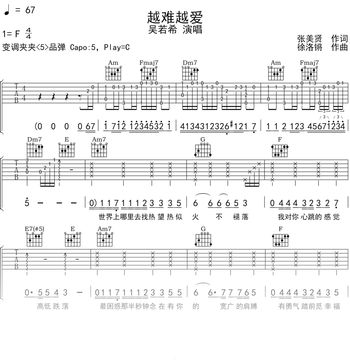 吴若希《越难越爱》吉他谱C调吉他弹唱谱