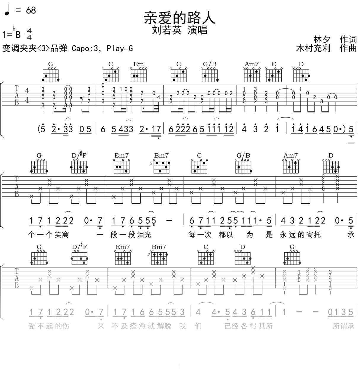 刘若英《亲爱的路人》吉他谱G调吉他弹唱谱