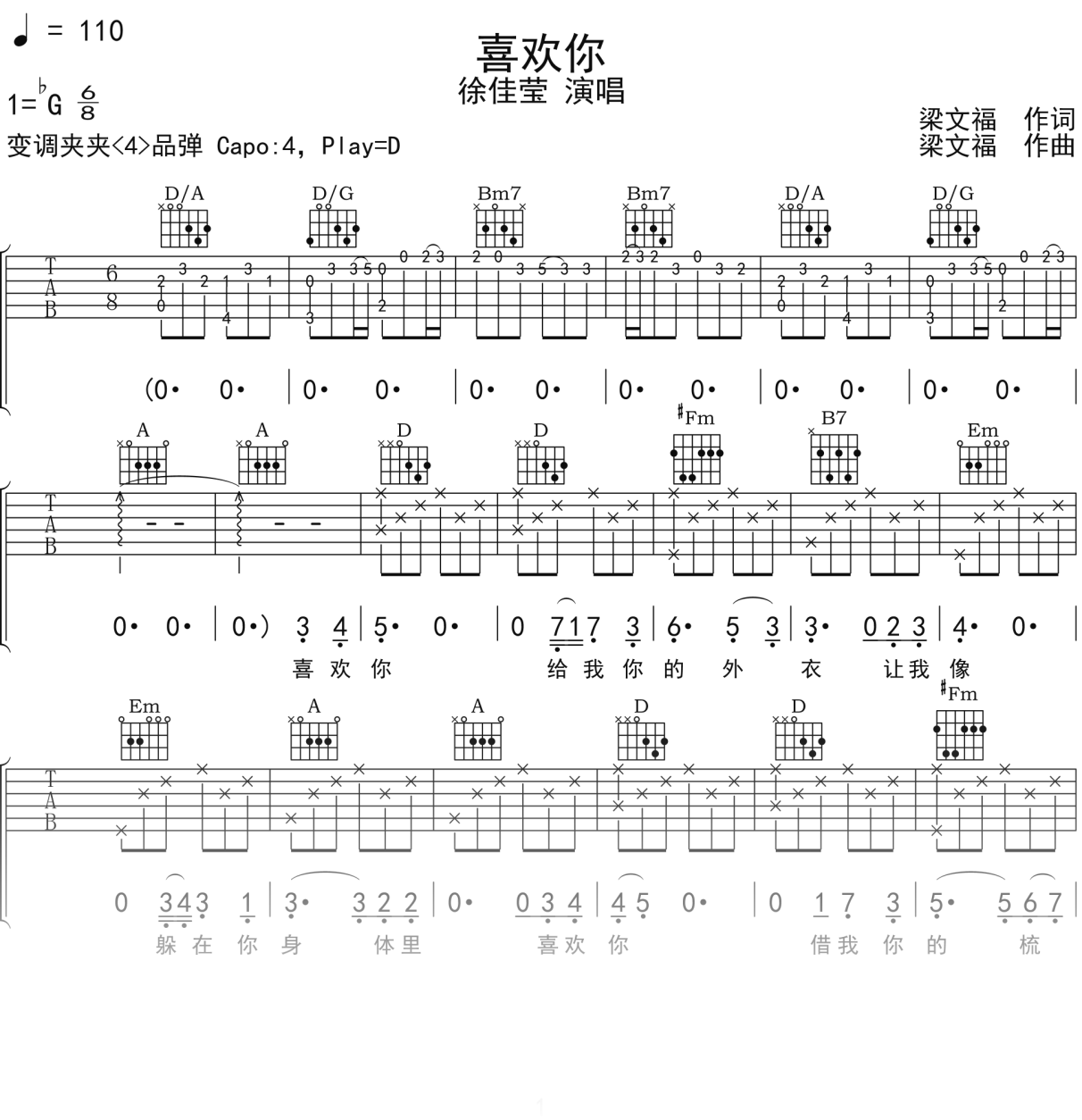 徐佳莹《喜欢你》吉他谱D调吉他弹唱谱
