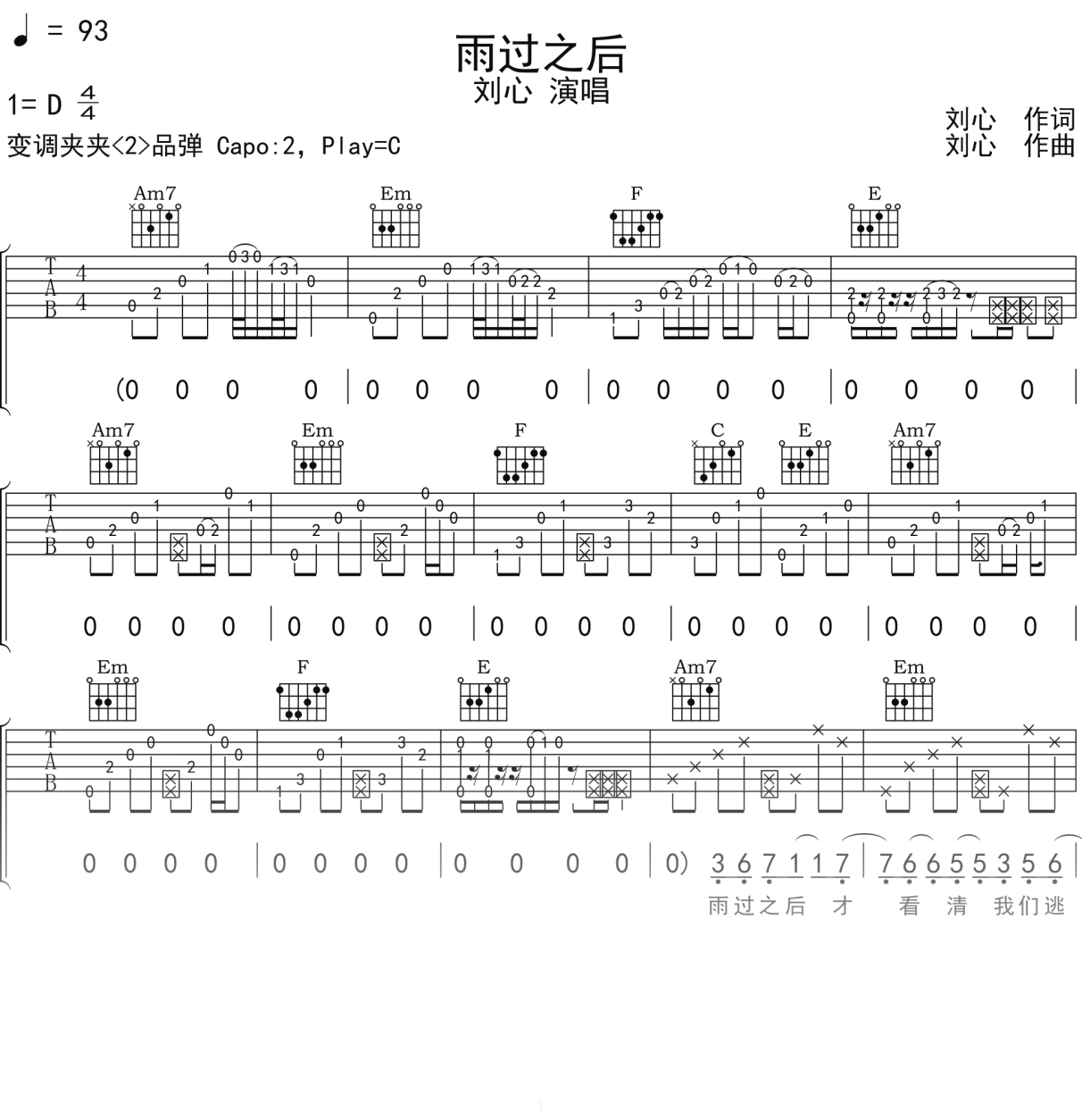 刘心《雨过之后》吉他谱C调吉他弹唱谱