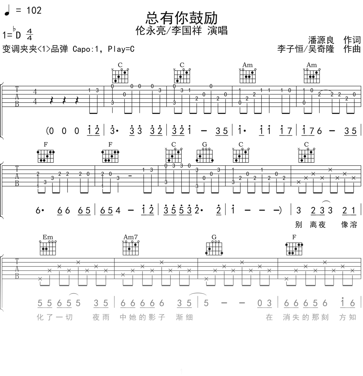 伦永亮_李国祥《总有你鼓励》吉他谱C调吉他弹唱谱