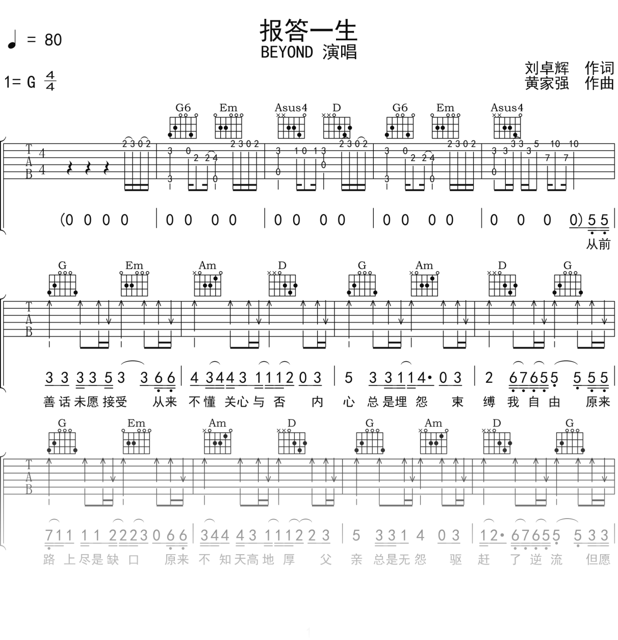 BEYOND《报答一生》吉他谱G调吉他弹唱谱