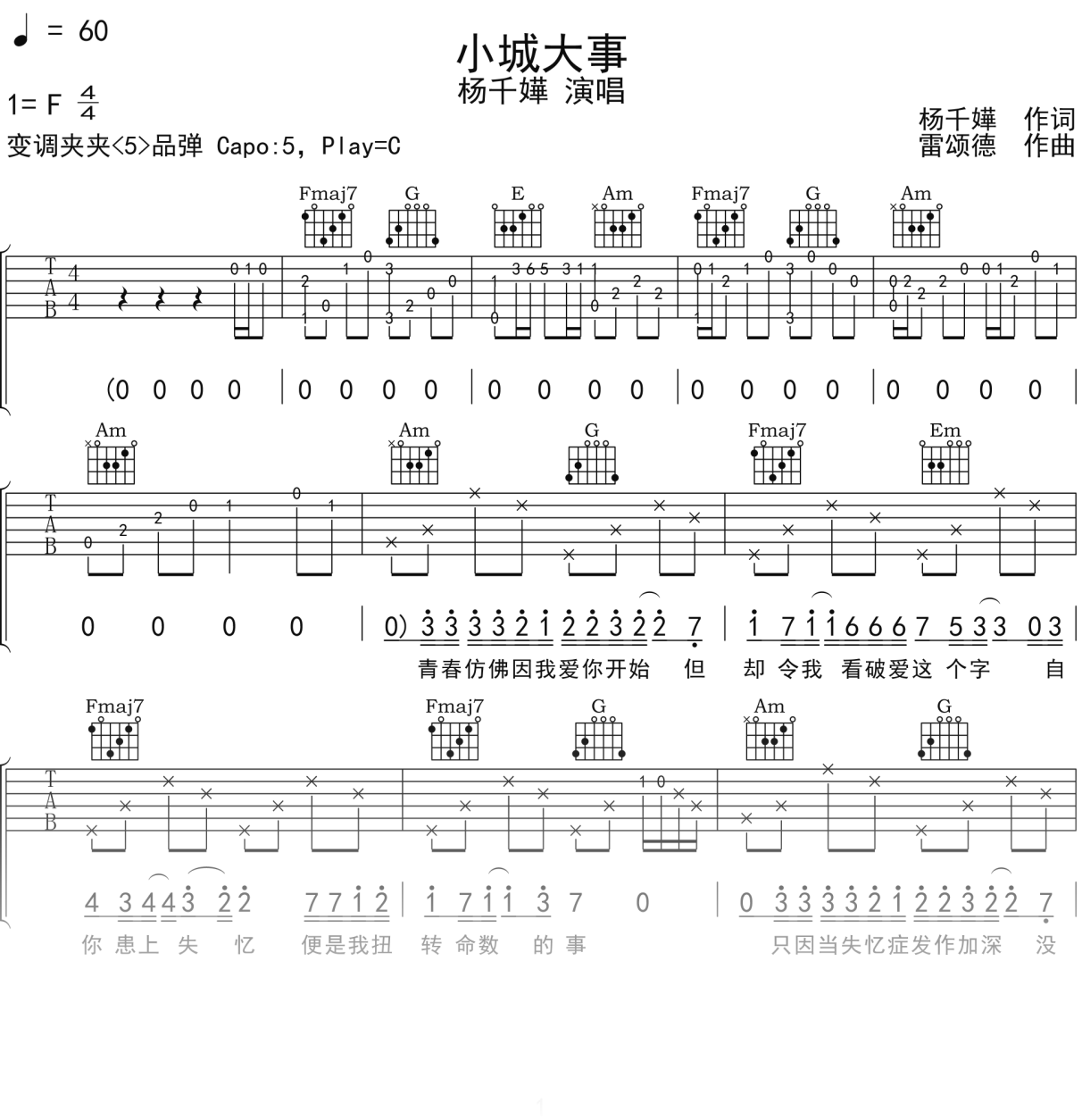 杨千嬅《小城大事》吉他谱C调吉他弹唱谱