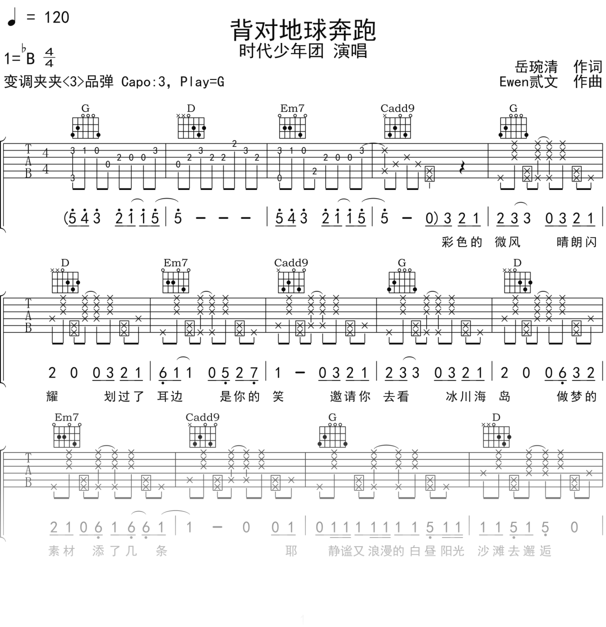 时代少年团《背对地球奔跑》吉他谱G调吉他弹唱谱
