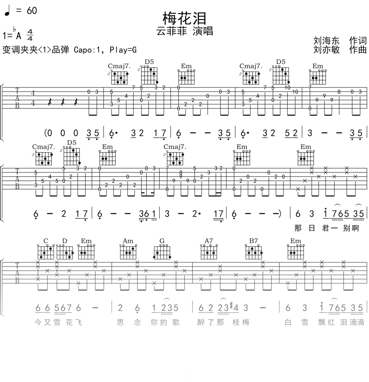 云菲菲《梅花泪》吉他谱G调吉他弹唱谱