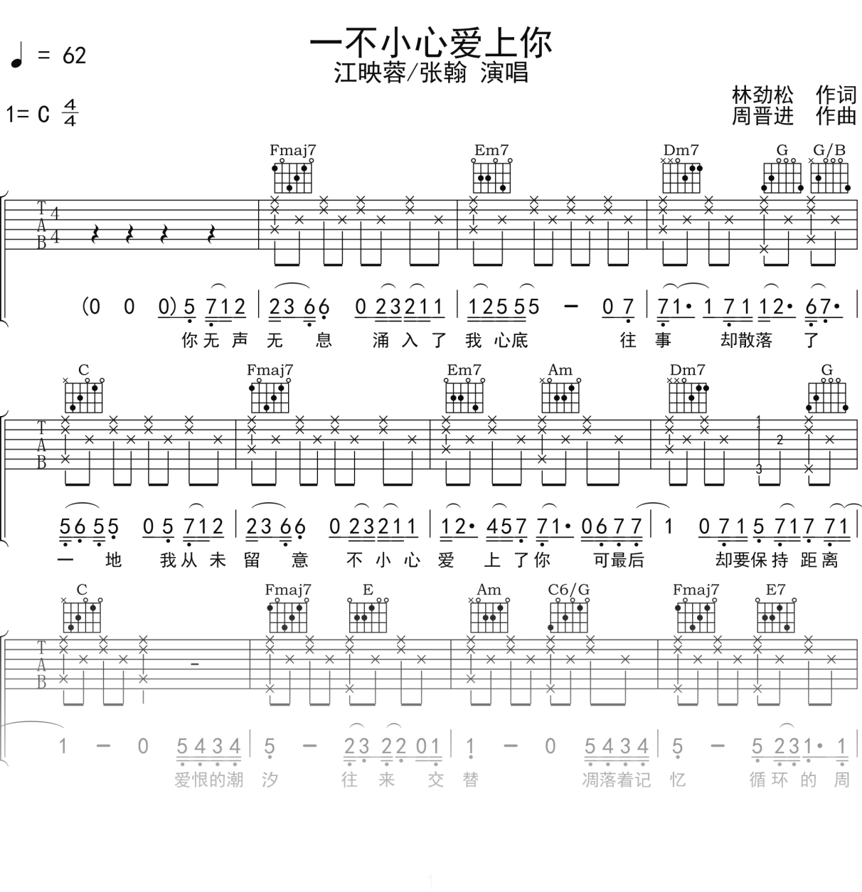 江映蓉_张翰《一不小心爱上你》吉他谱C调吉他弹唱谱