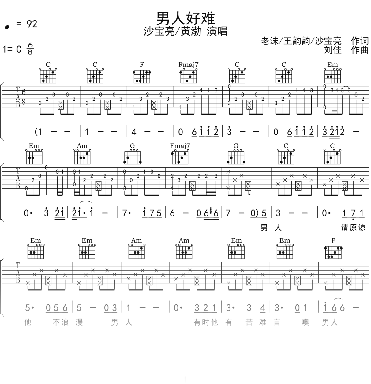 沙宝亮_黄渤《男人好难》吉他谱C调吉他弹唱谱