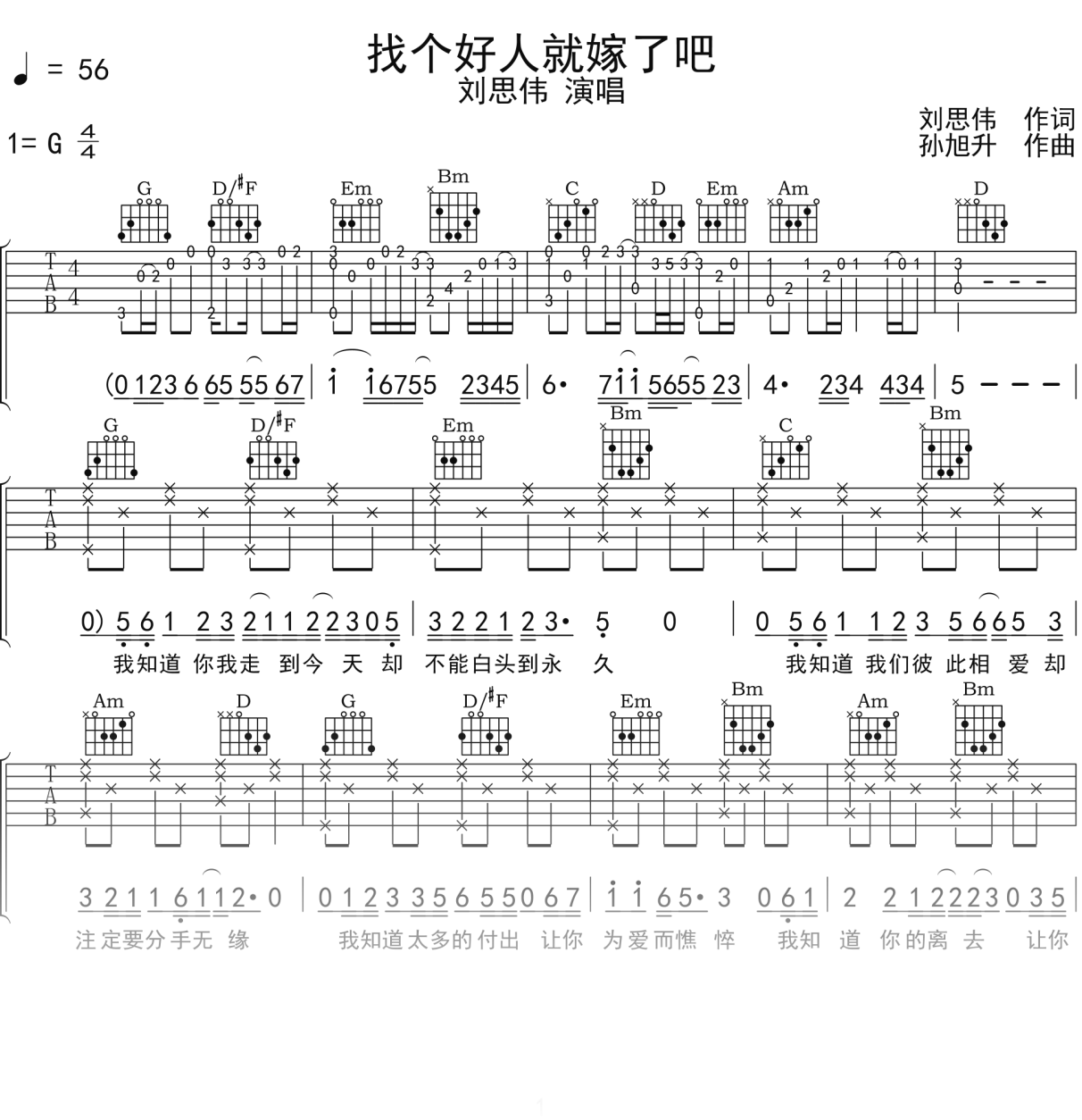 刘思伟《找个好人就嫁了吧》吉他谱G调吉他弹唱谱