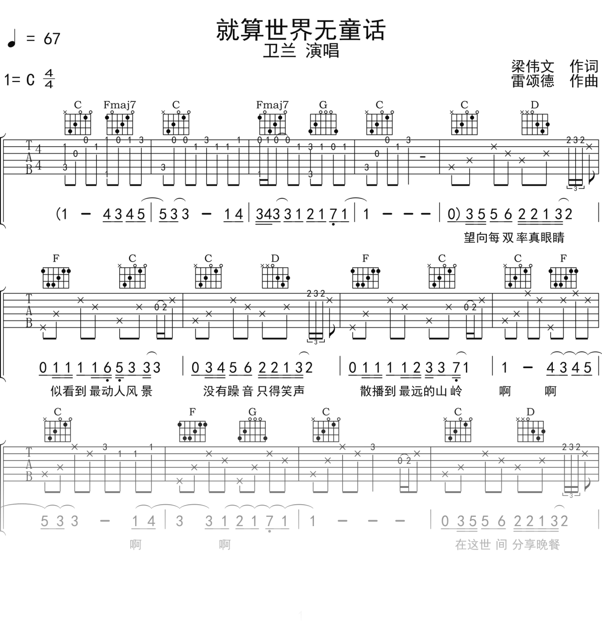 卫兰《就算世界无童话》吉他谱C调吉他弹唱谱