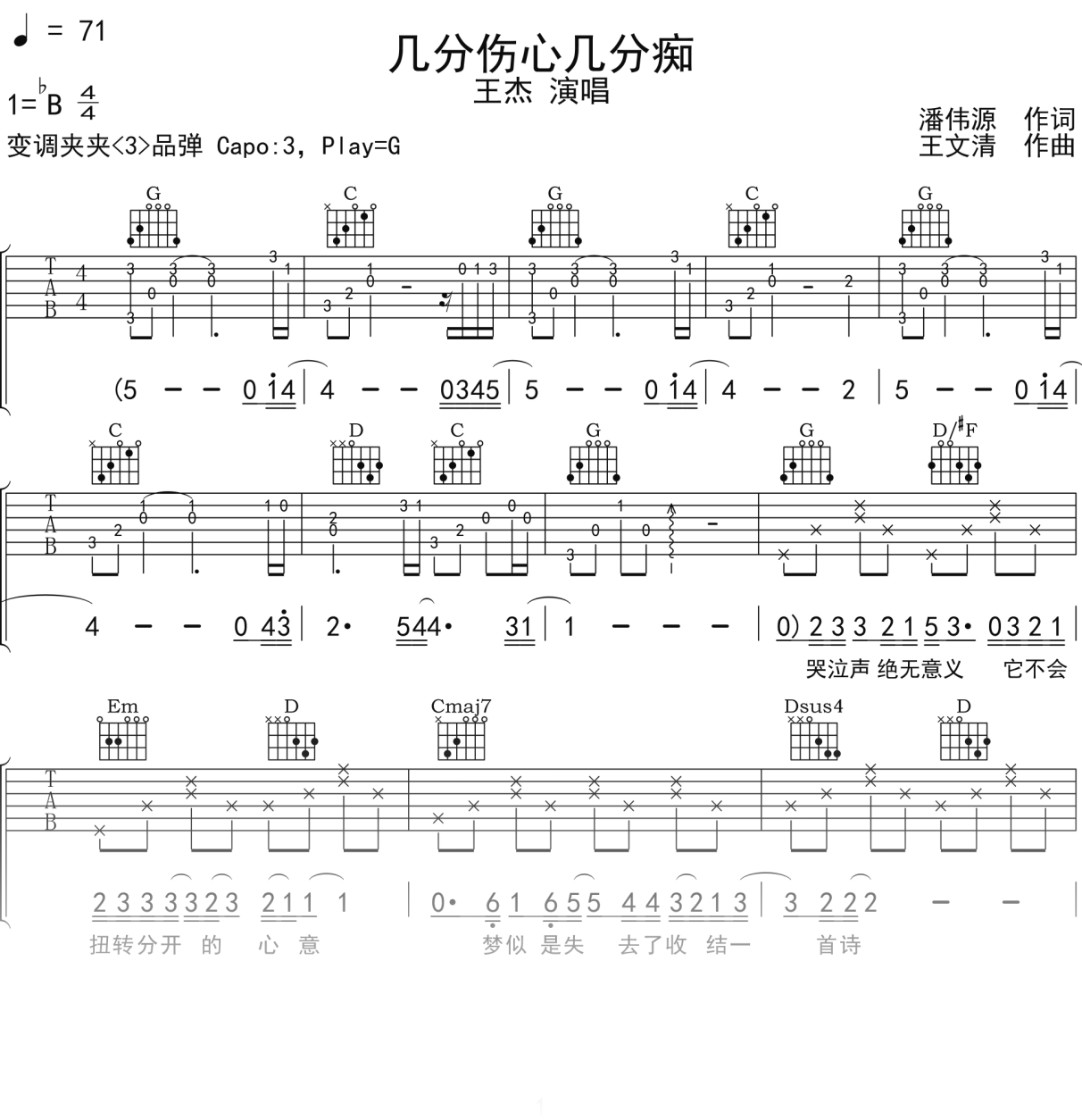 王杰《几分伤心几分痴》吉他谱G调吉他弹唱谱
