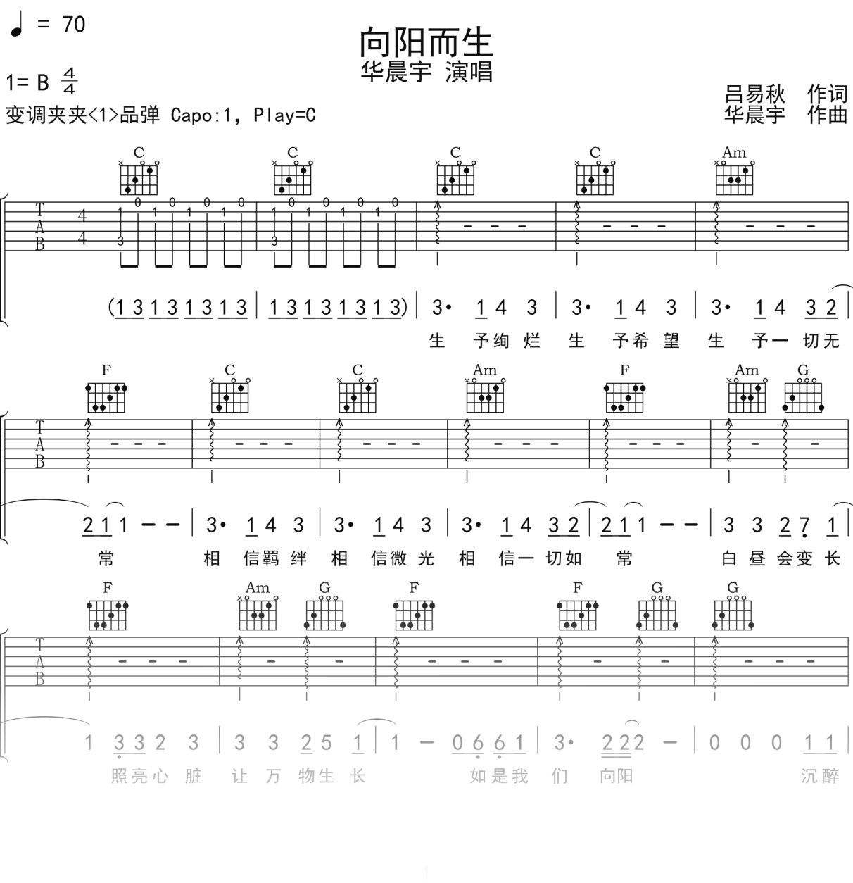 华晨宇《向阳而生》吉他谱C调吉他弹唱谱