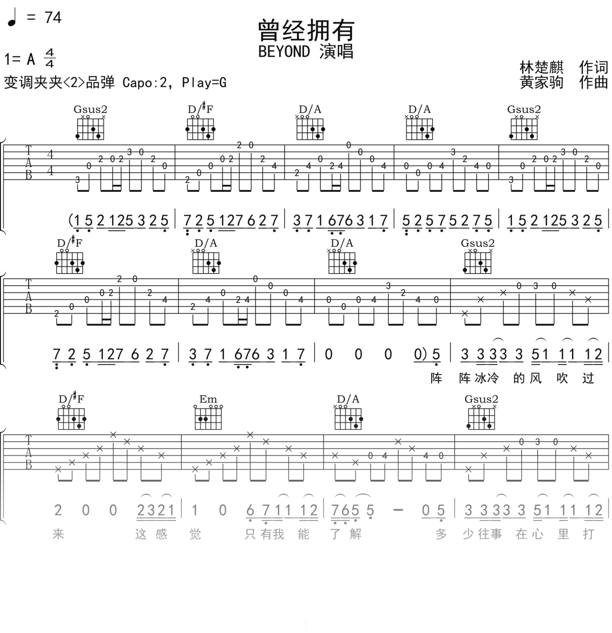 BEYOND《曾经拥有》吉他谱G调吉他弹唱谱