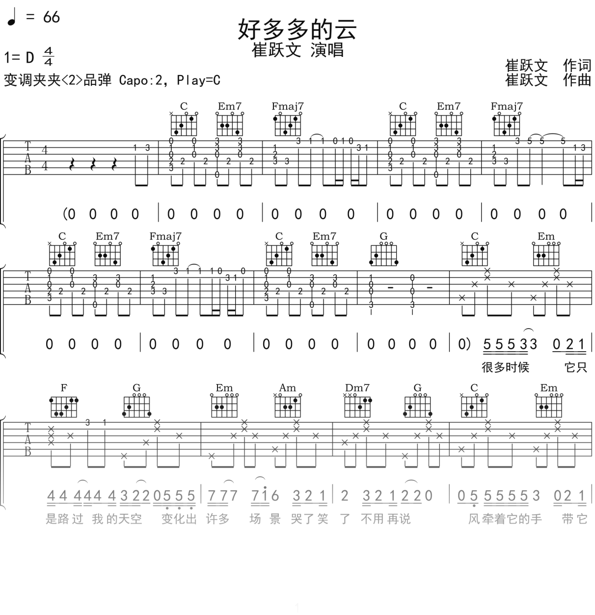 崔跃文《好多多的云》吉他谱C调吉他弹唱谱