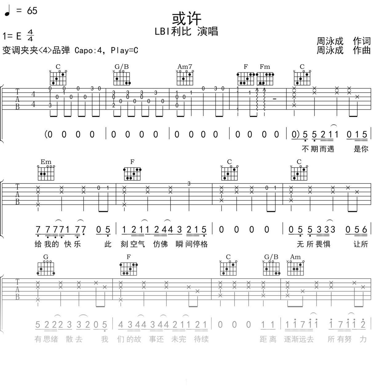 LBI利比《或许》吉他谱C调吉他弹唱谱