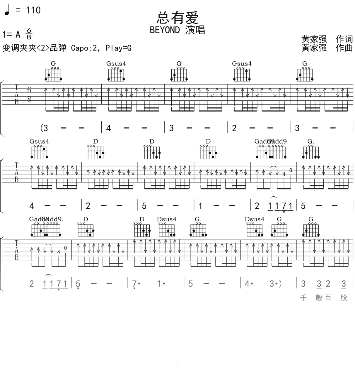 BEYOND《总有爱》吉他谱G调吉他弹唱谱