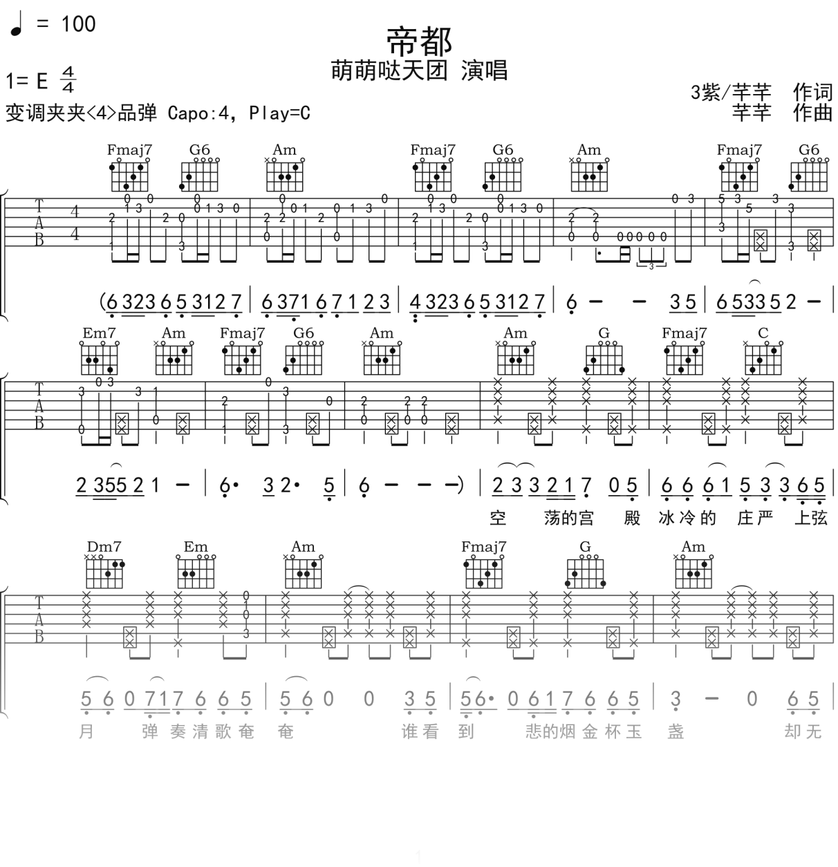 萌萌哒天团《帝都》吉他谱C调吉他弹唱谱
