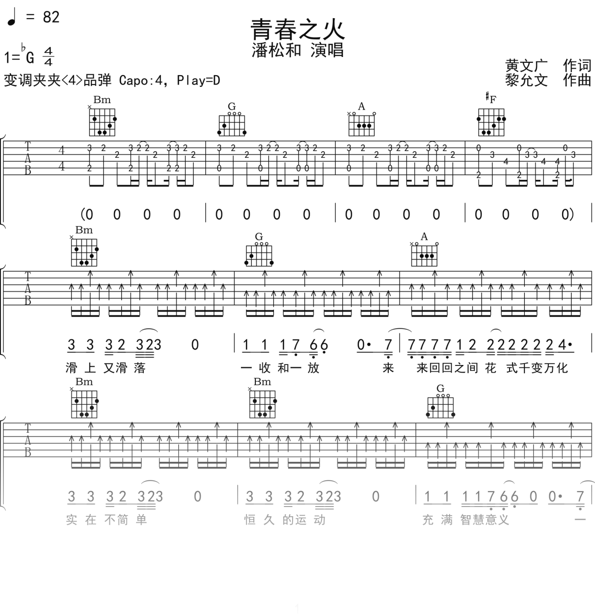 潘松和《青春之火》吉他谱D调吉他弹唱谱