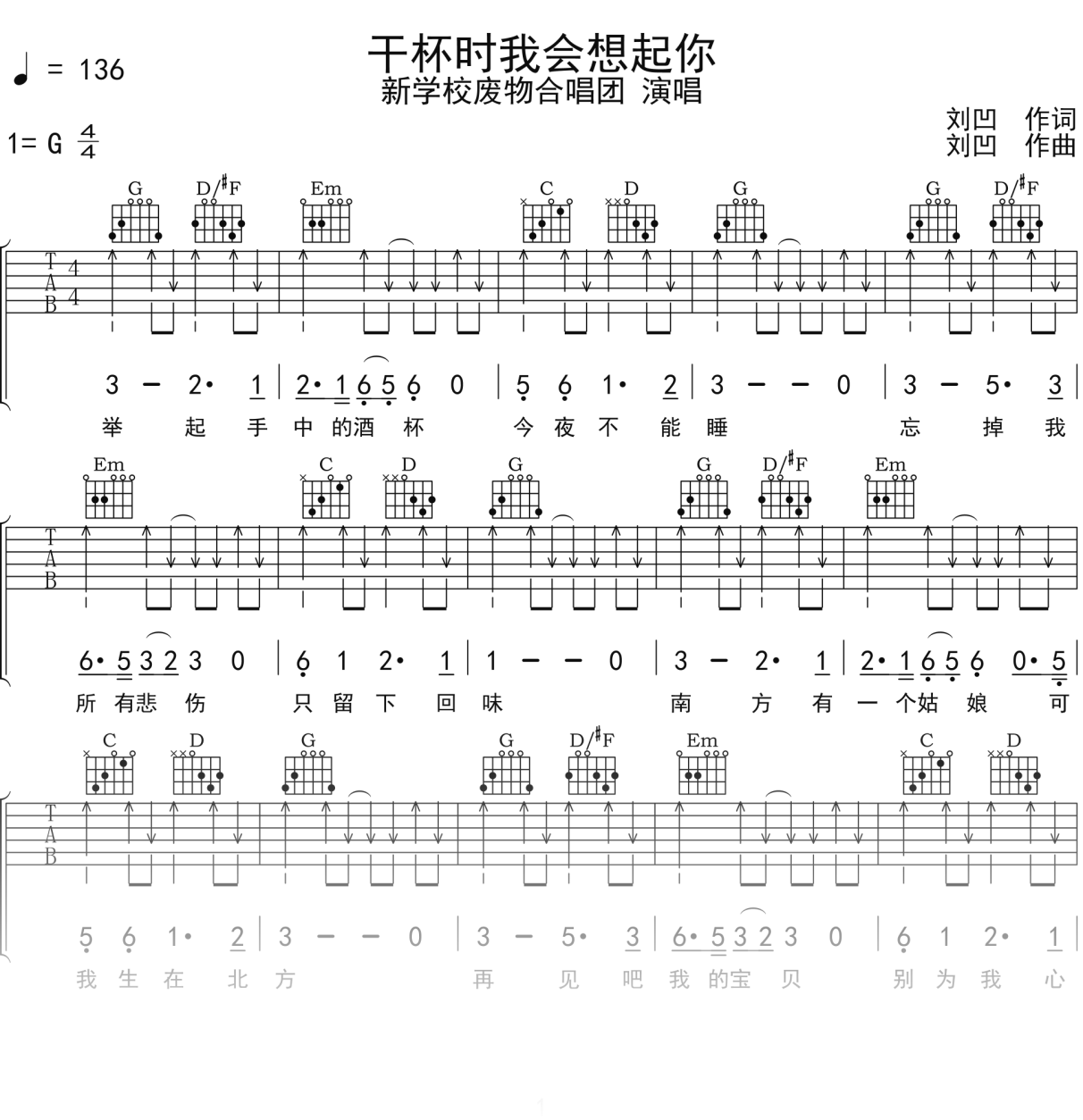 新学校废物合唱团《干杯时我会想起你》吉他谱G调吉他弹唱谱